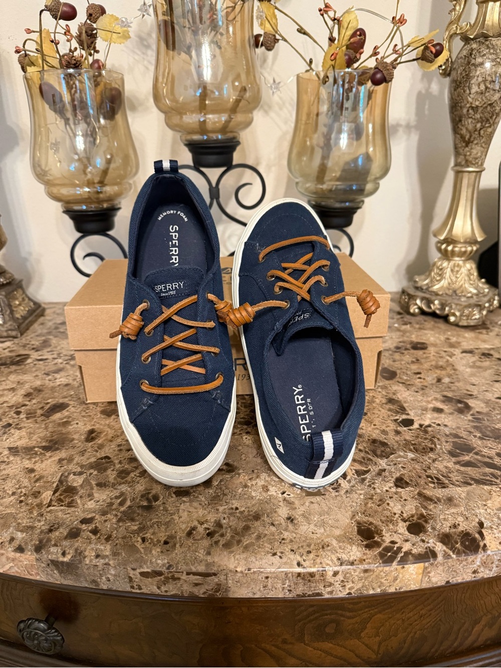 Sperry Navy Canvas Sneakers with Brown Laces